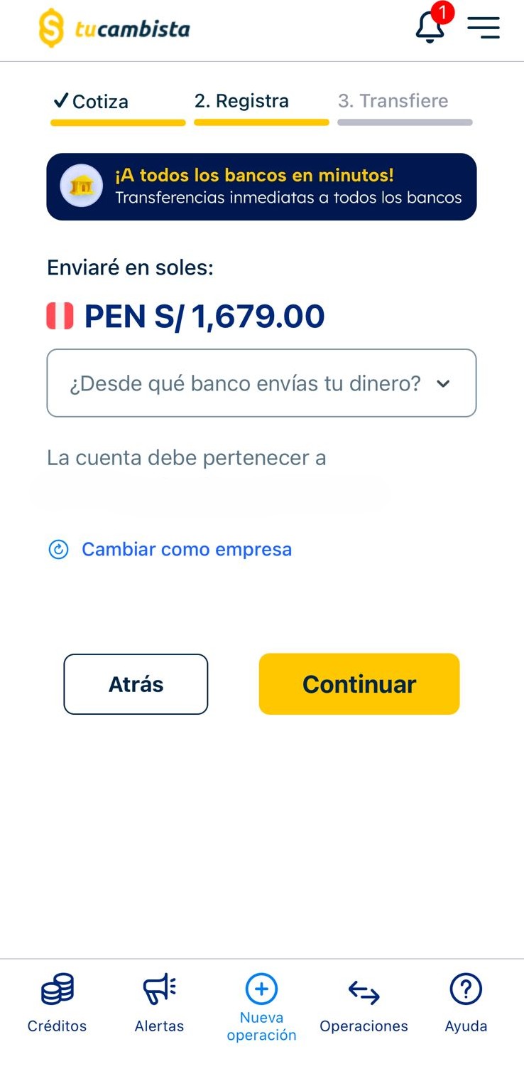 Detalle del banco a enviar de tucambista